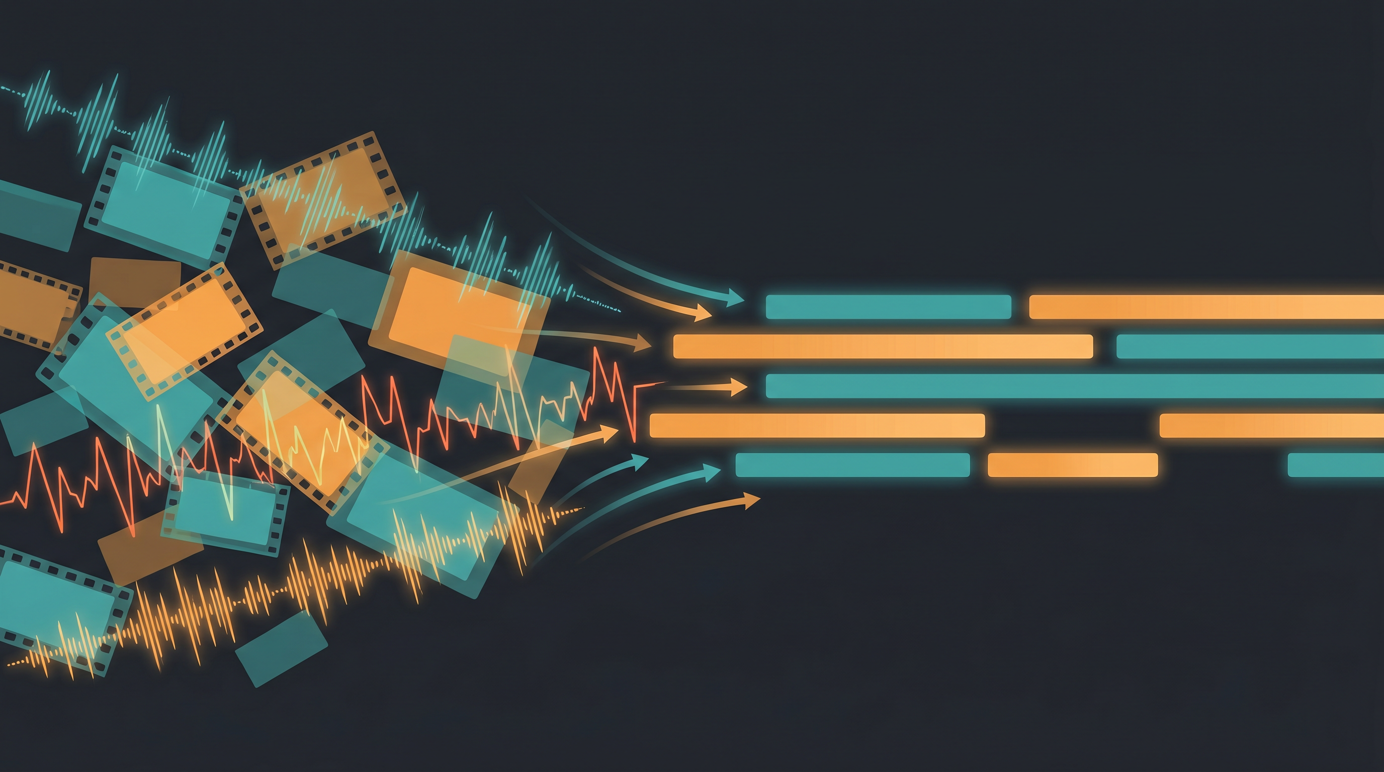 Illustration of raw video and audio files being organized into a synced timeline